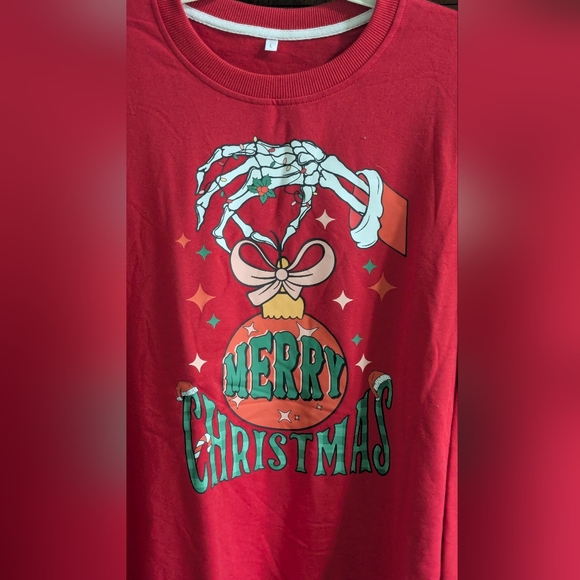Festive Red Merry Christmas Long Sleeve Crew Neck Pull Over Top Sz L Skeleton - Picture 1 of 5